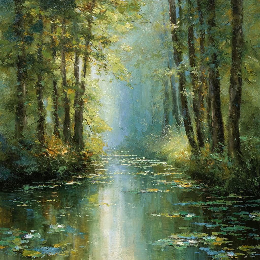 Impressionist Woodland River Landscape Wall Art #FT327