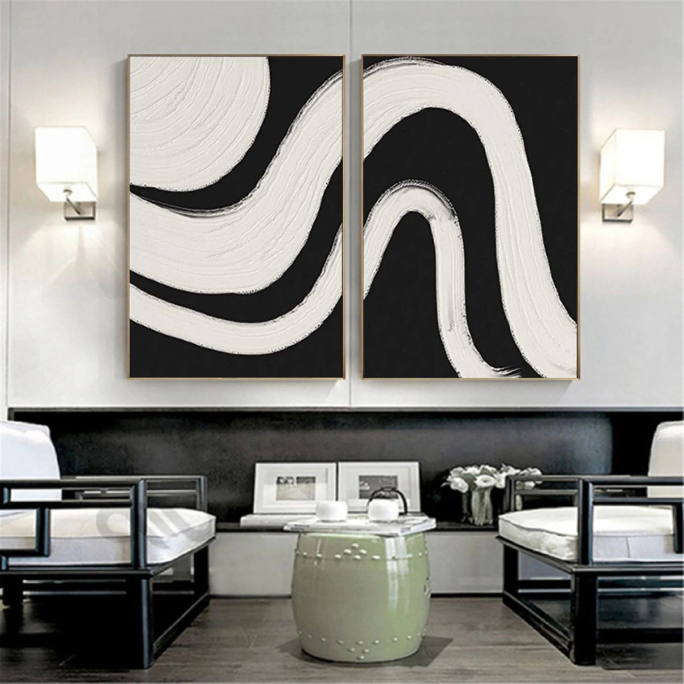 Geometrical Curved Wabi Sabi Abstract Painting Black White Artwork Set of 2