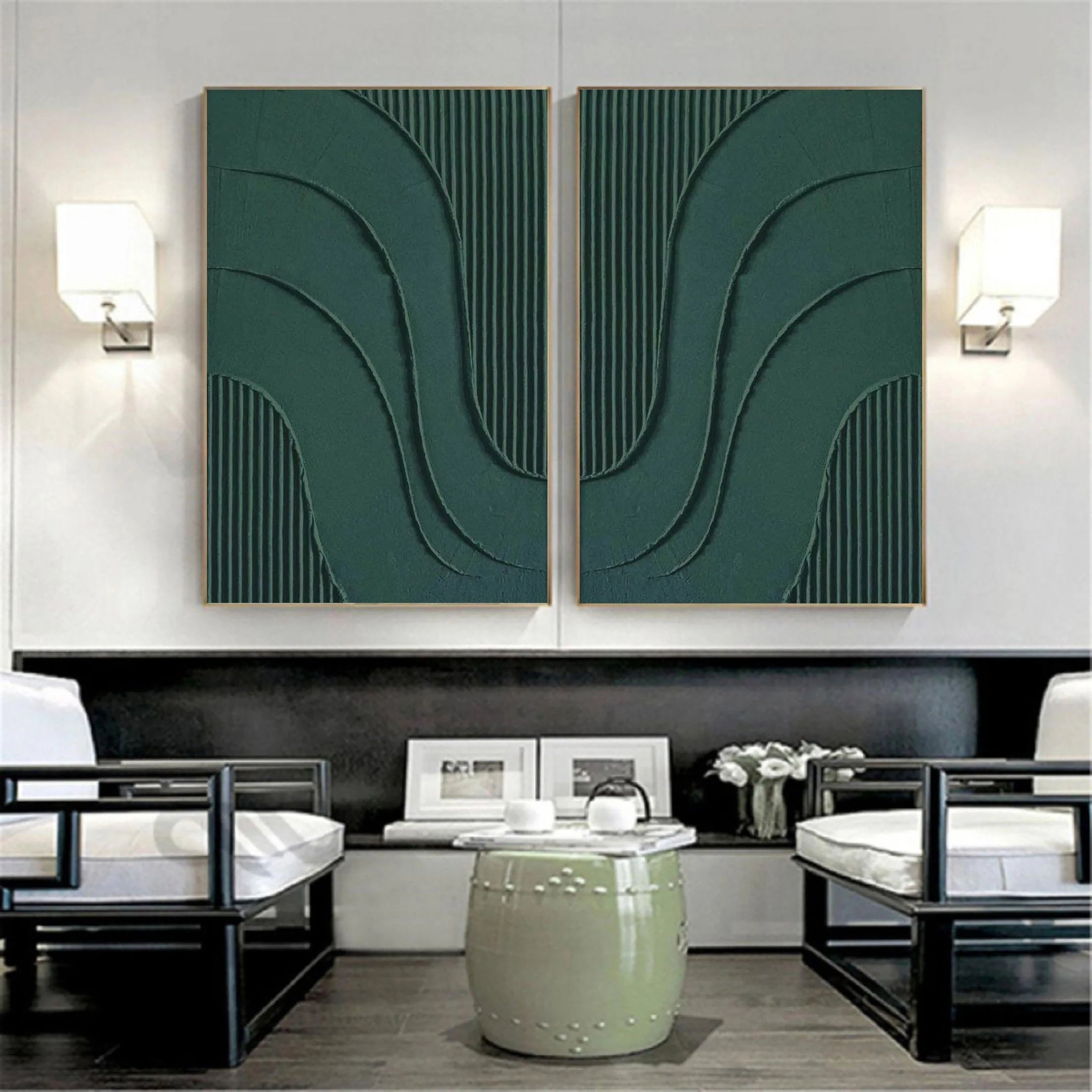 Textured Wabi Sabi Painting Symmetrical Green Wall Decor, Set of 2 for Room