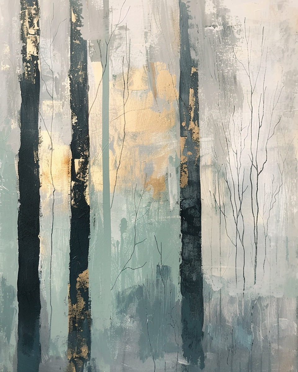 Abstract Birch Forest with Gold Leaf Textured Oil Painting #FT213