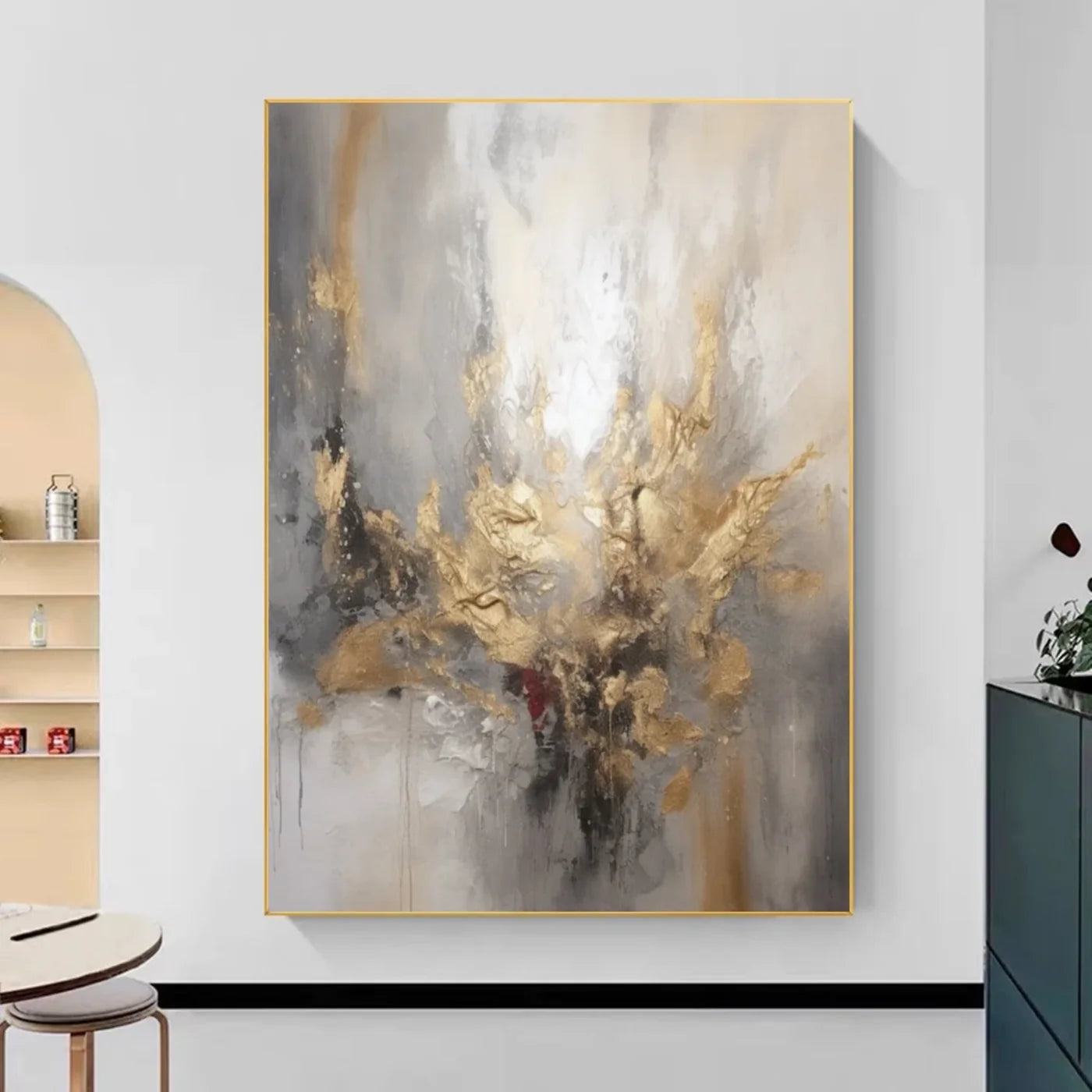 Gold & Grey Abstract Hand-Painted Oil Painting #WA153
