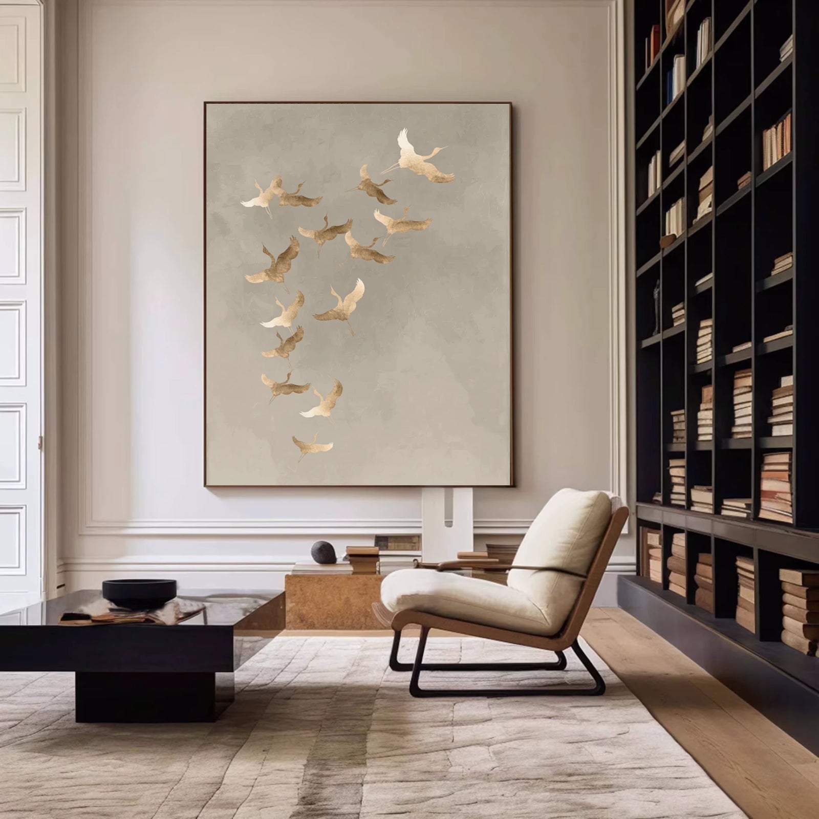 Light Luxury Muted Gray Flying Cranes Abstract Oil Painting #AM133