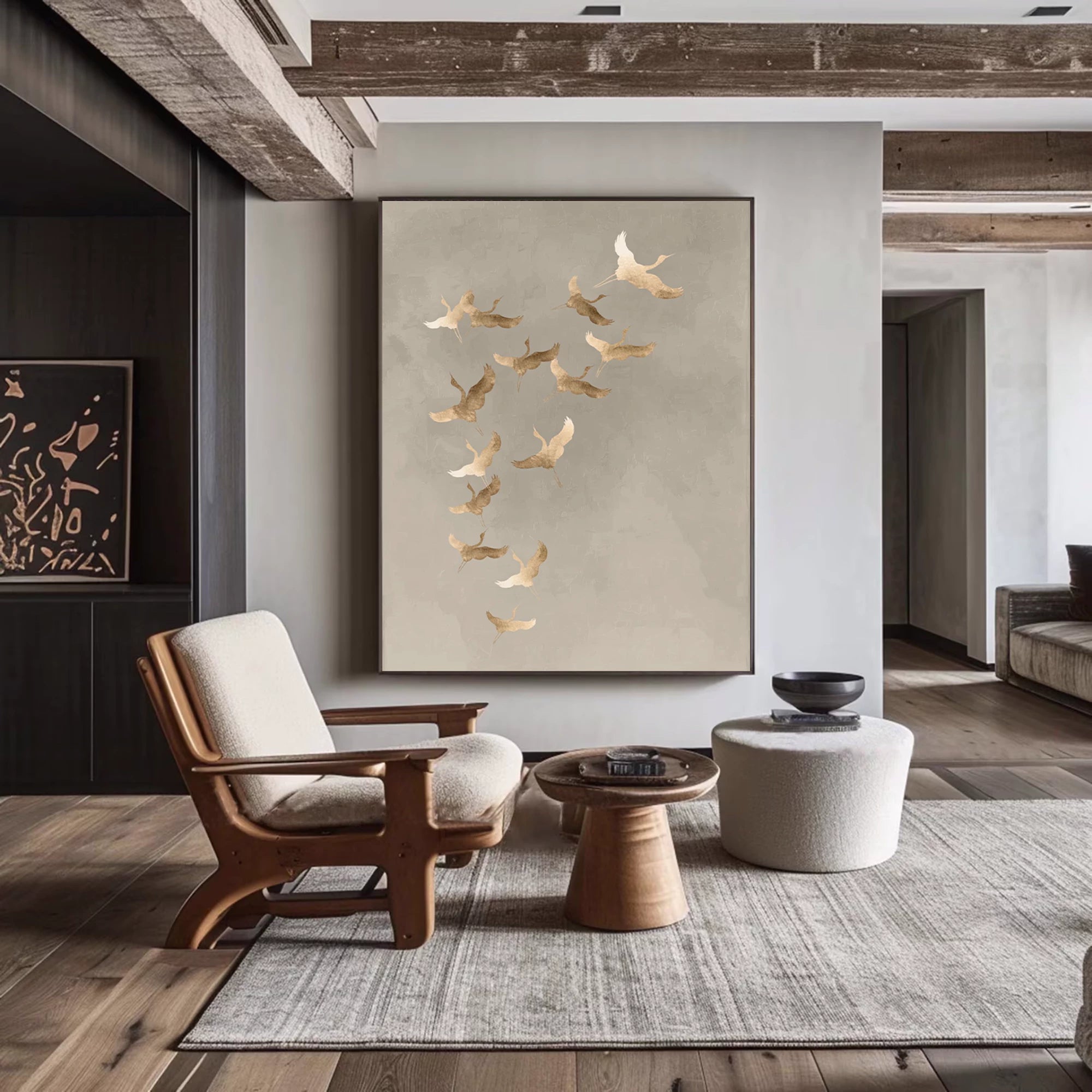 Light Luxury Muted Gray Flying Cranes Abstract Oil Painting #AM133