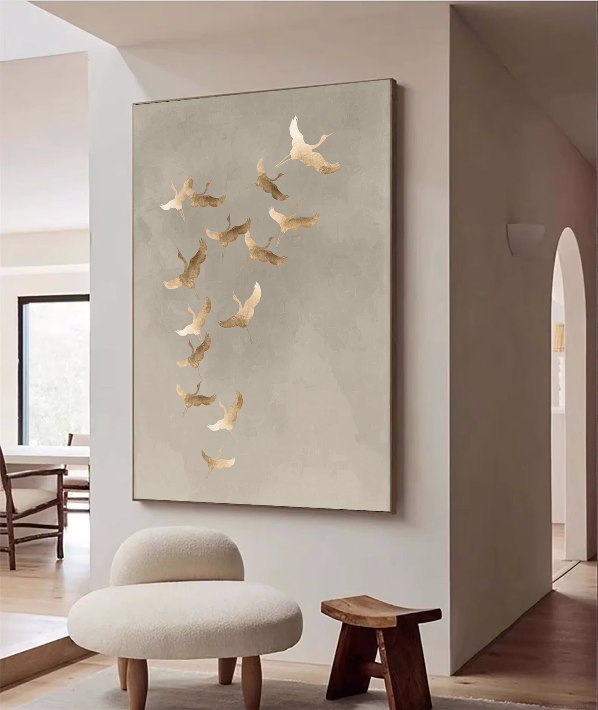 Light Luxury Muted Gray Flying Cranes Abstract Oil Painting #AM133