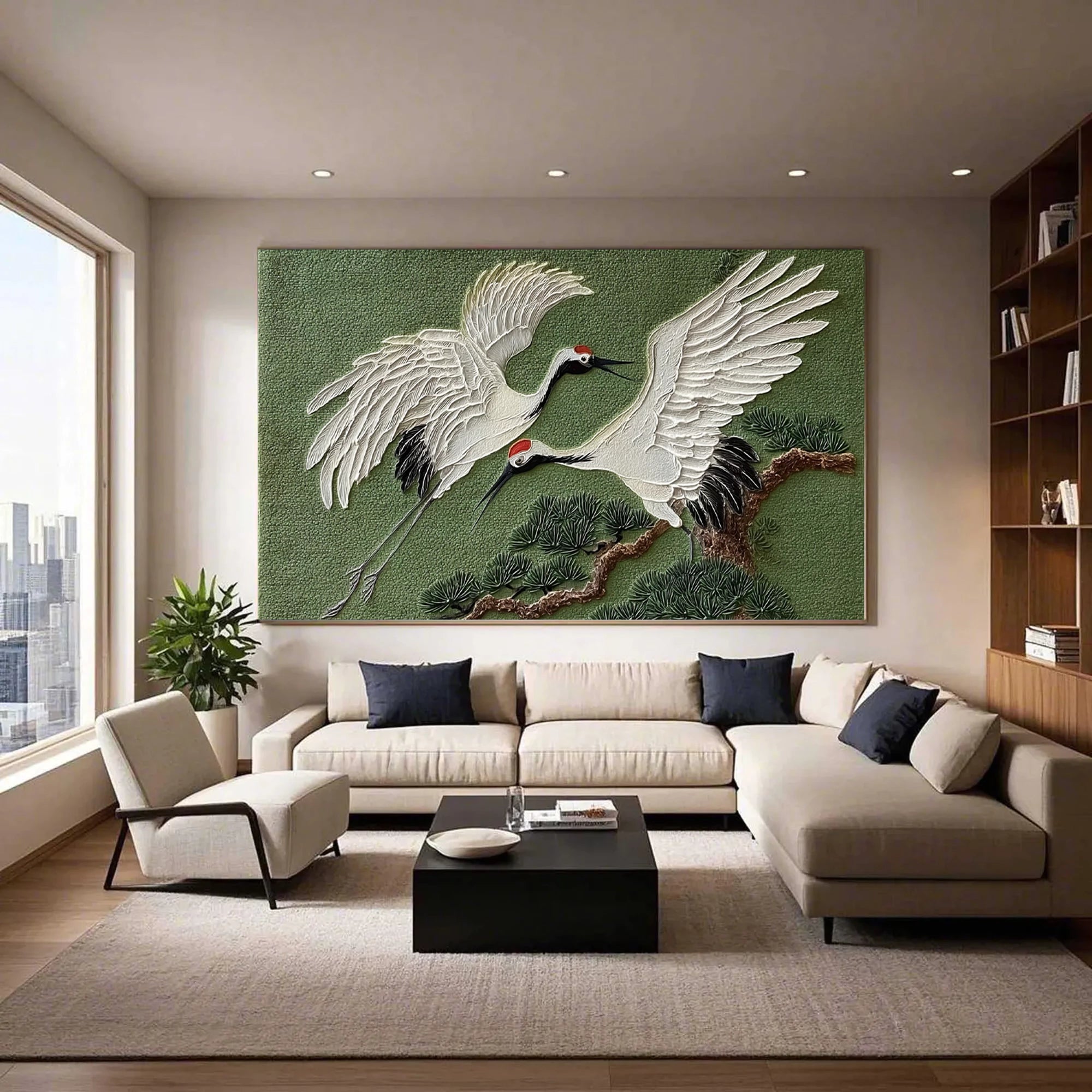 Two Cranes Pine Branches Impasto Oil Painting #AM127