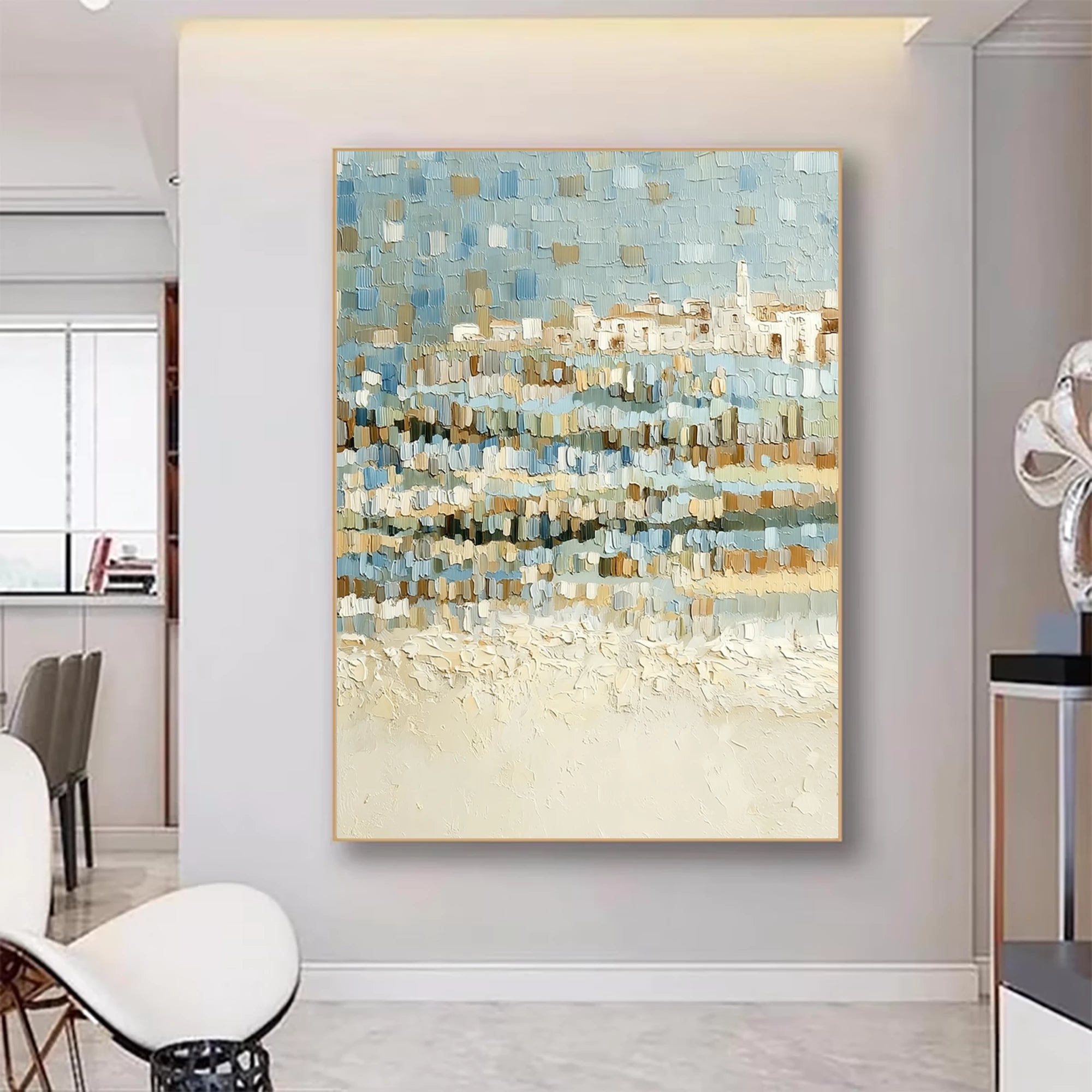 Blue & Beige Impasto Seascape Wall Ar #SK40