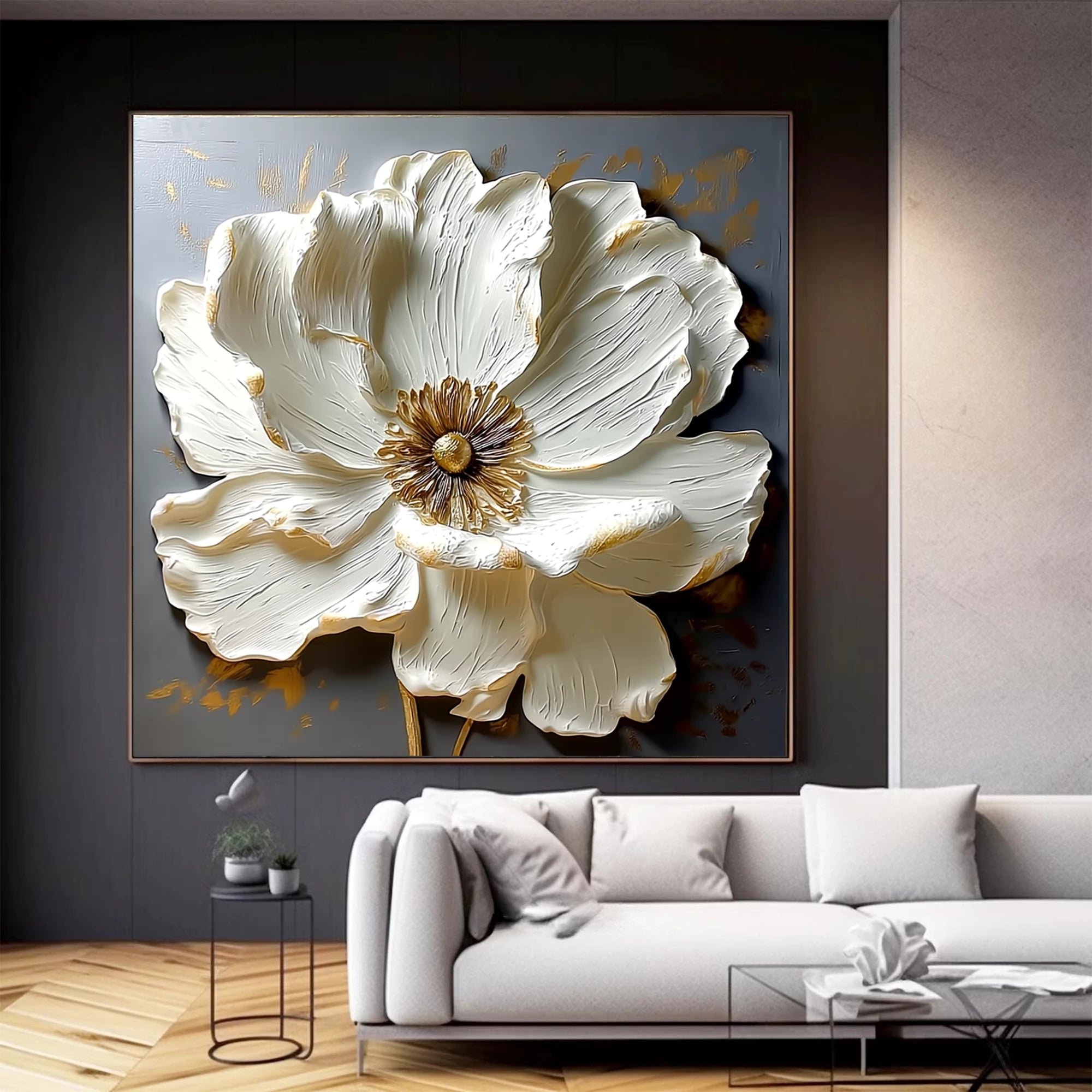 Platinum & Gold 3D Textured Floral Oil Painting #FT511