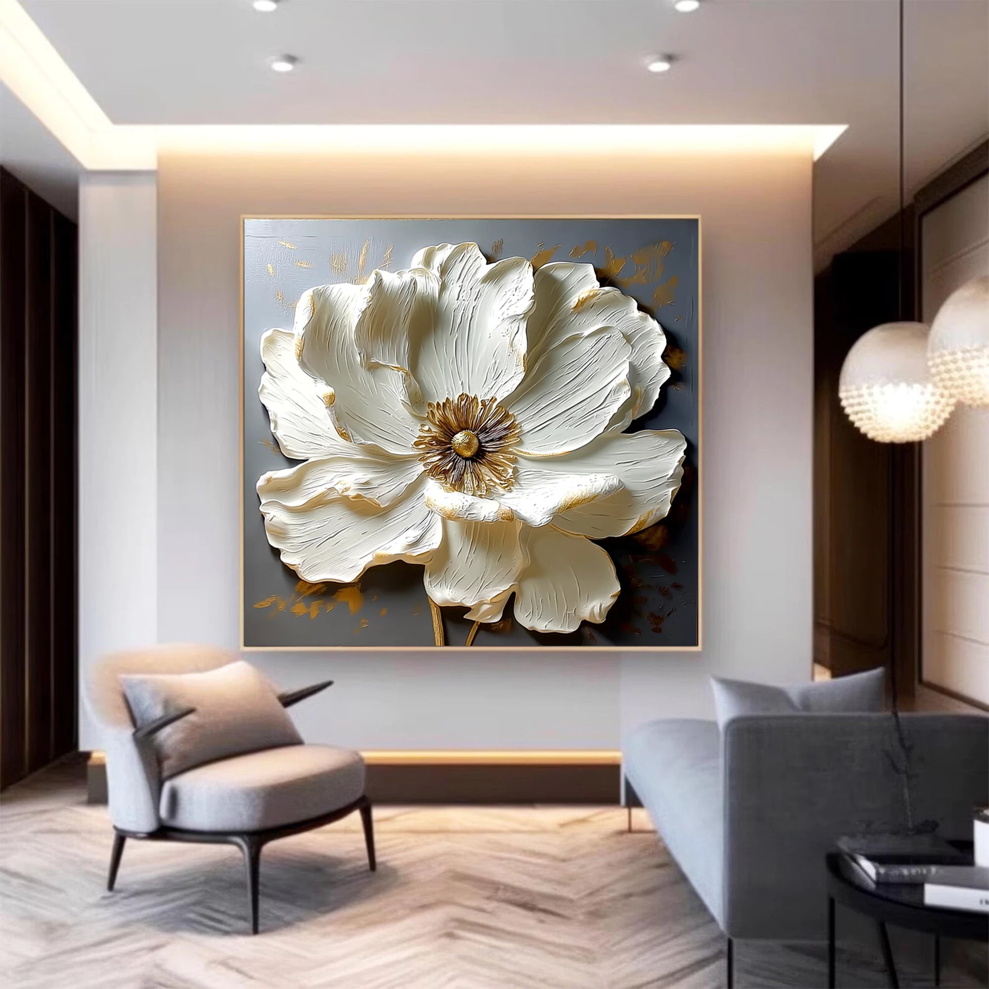 Platinum & Gold 3D Textured Floral Oil Painting #FT511