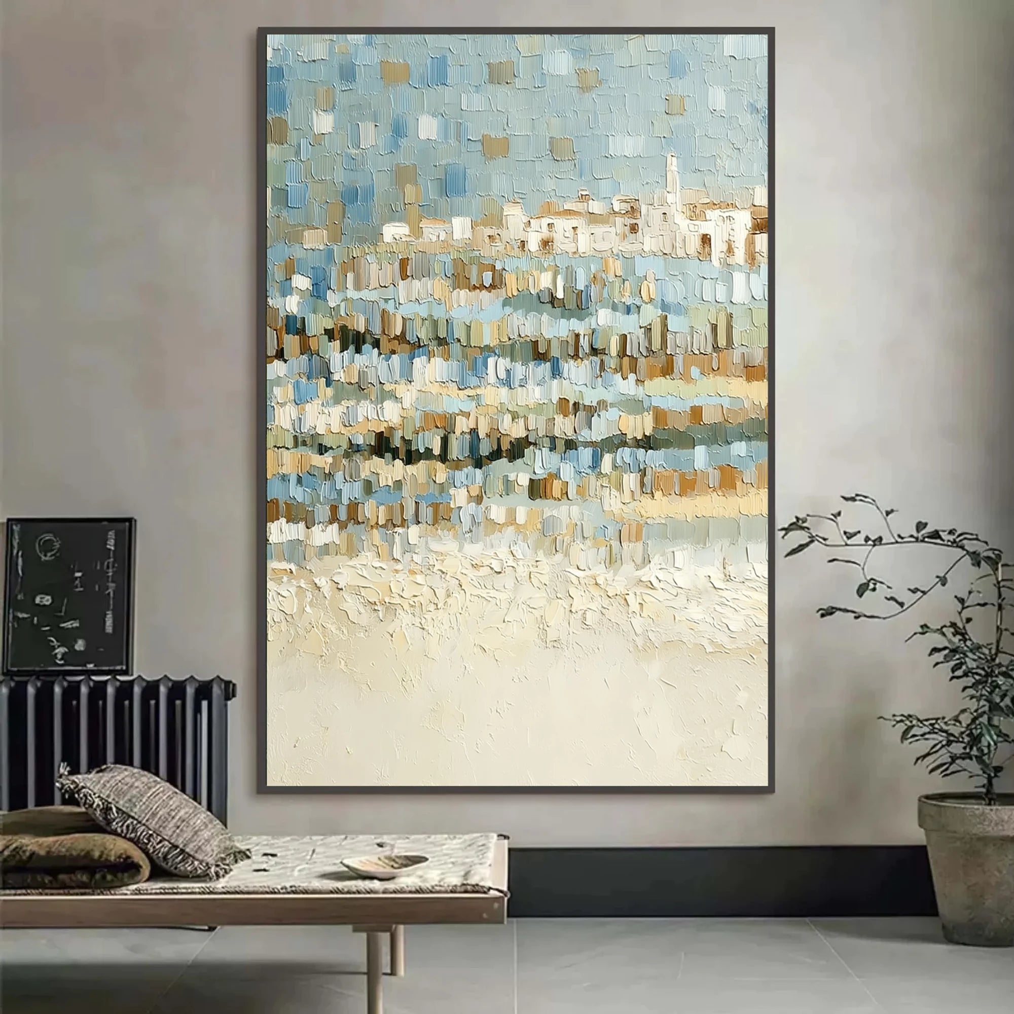 Blue & Beige Impasto Seascape Wall Ar #SK40
