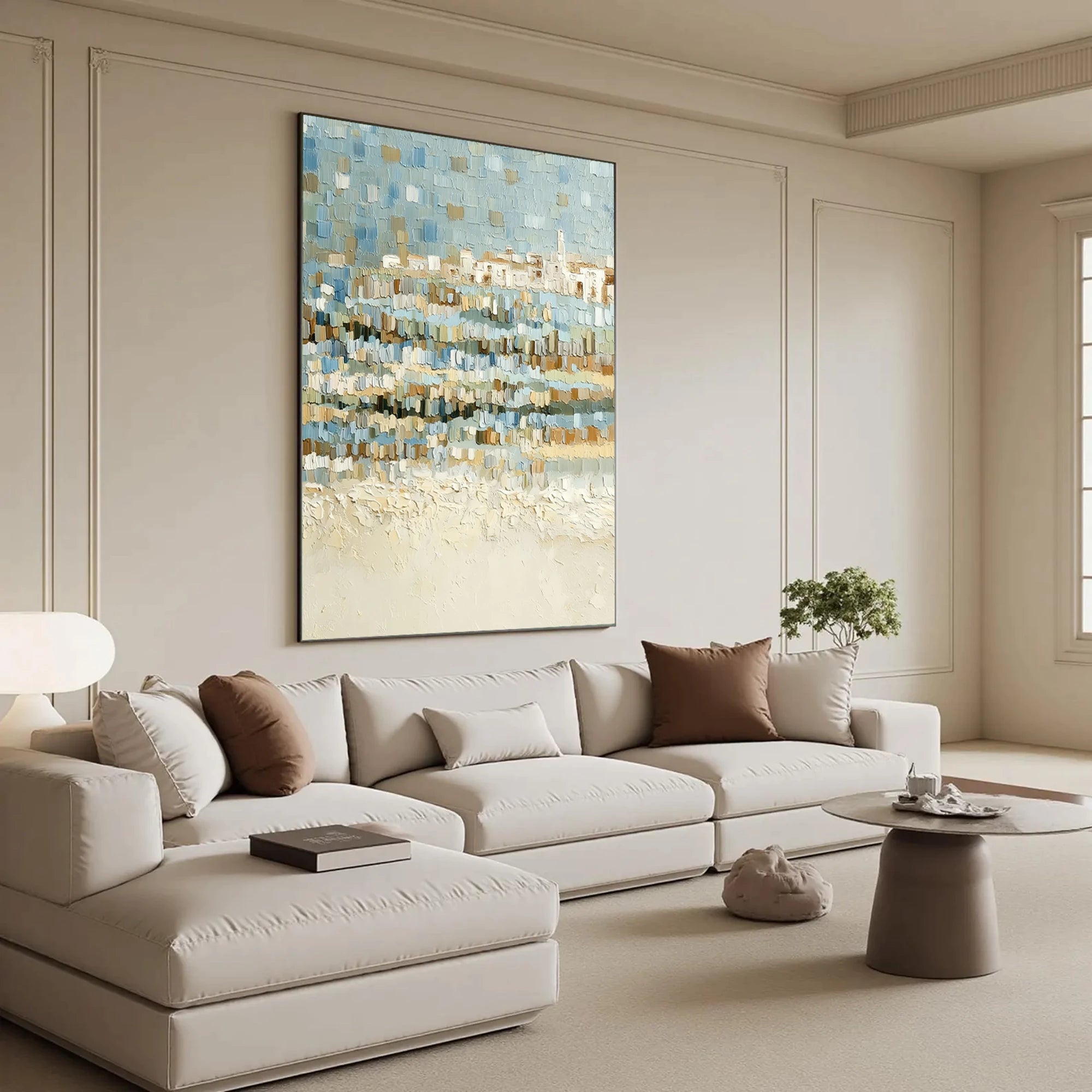 Blue & Beige Impasto Seascape Wall Ar #SK40
