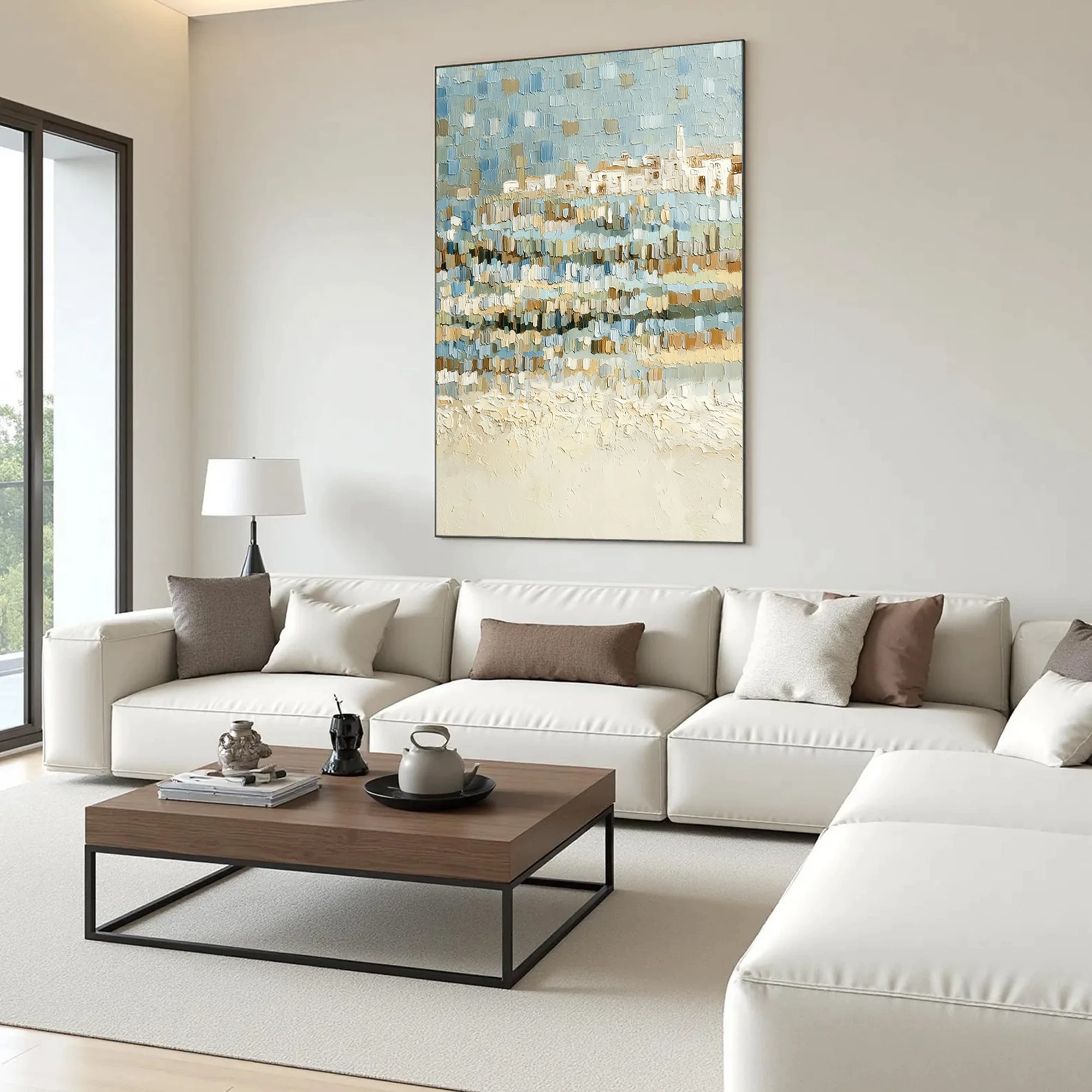 Blue & Beige Impasto Seascape Wall Ar #SK40