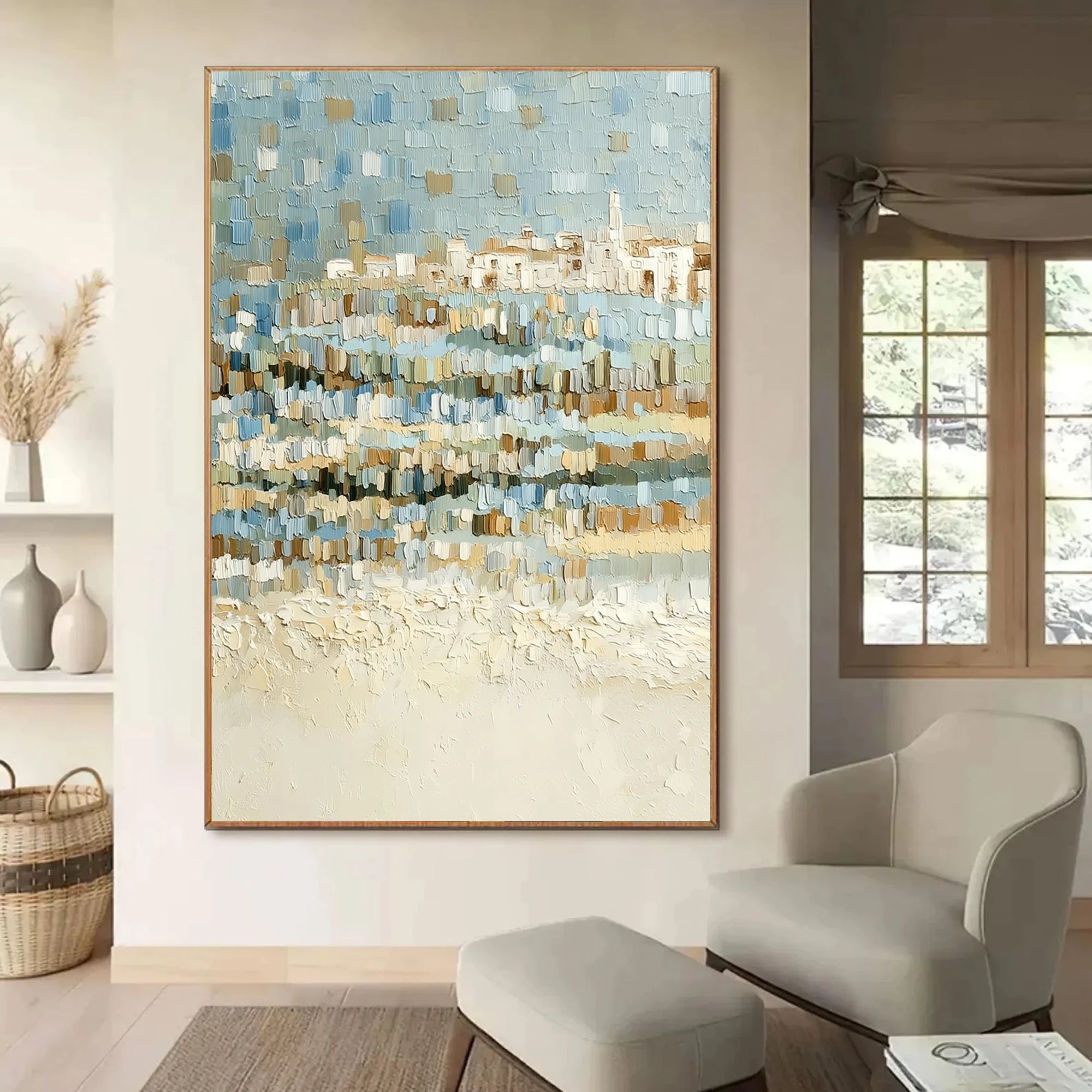 Blue & Beige Impasto Seascape Wall Ar #SK40