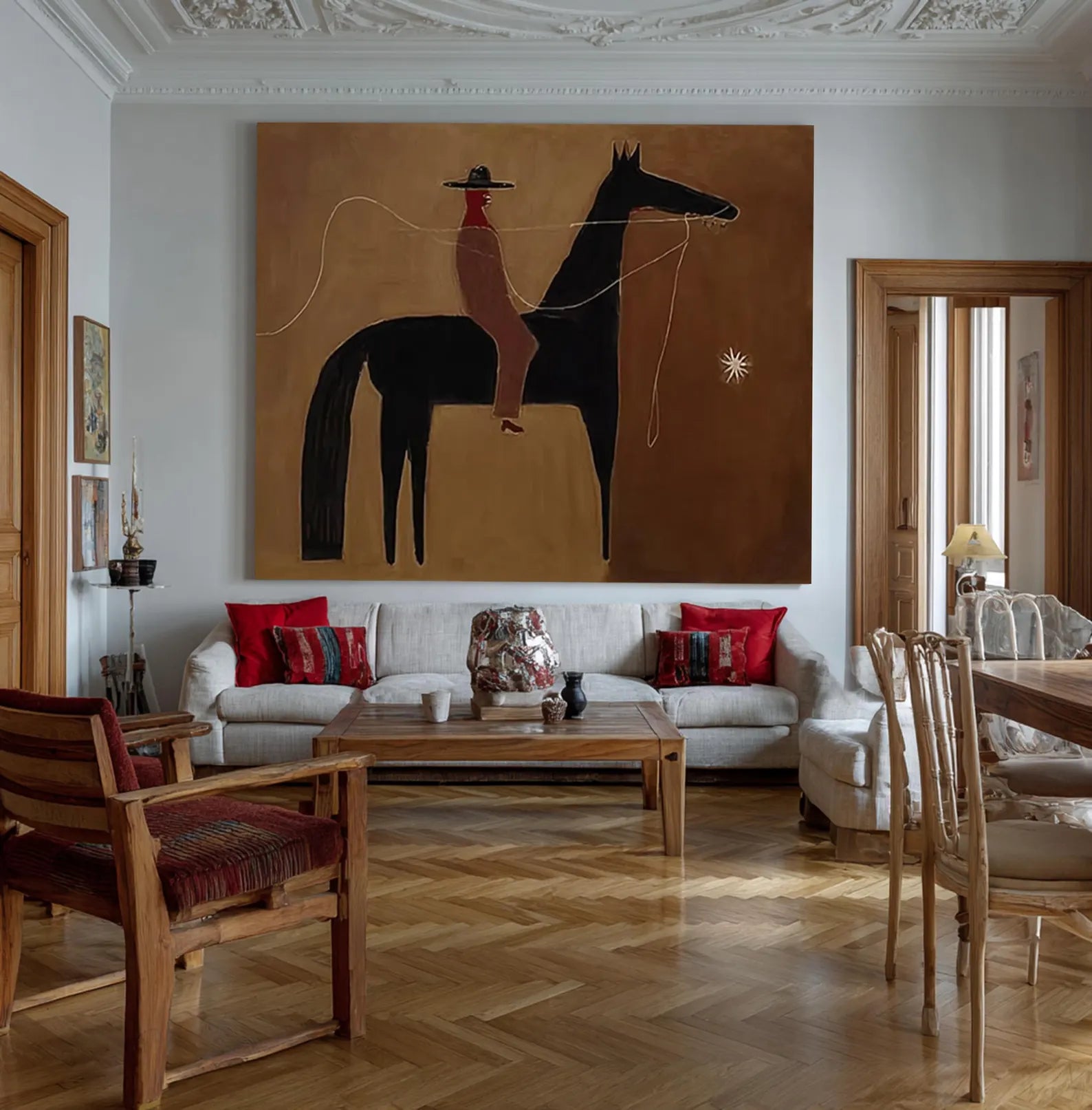 Abstract Western Rider & Black Horse Oil Painting #AB340