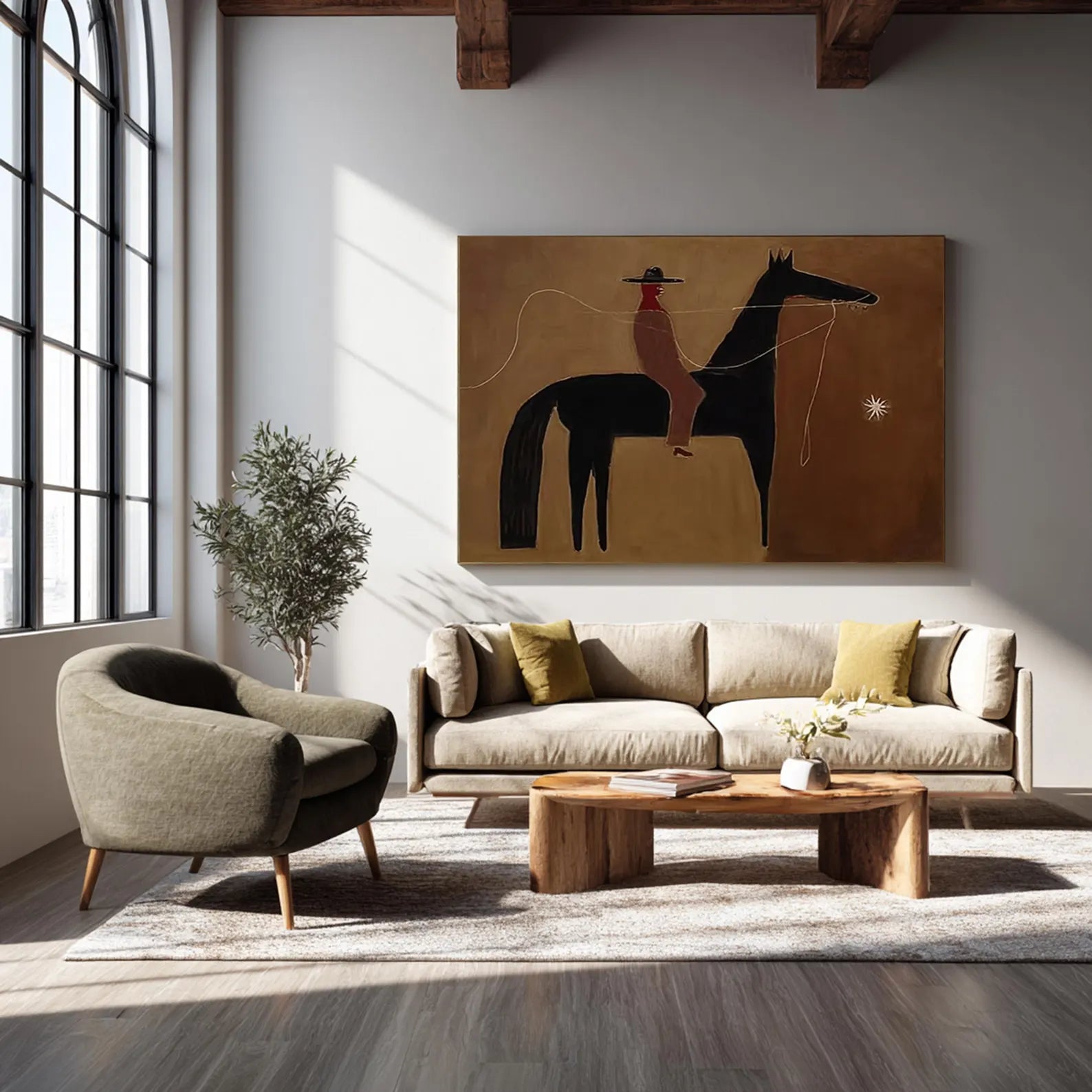 Abstract Western Rider & Black Horse Oil Painting #AB340