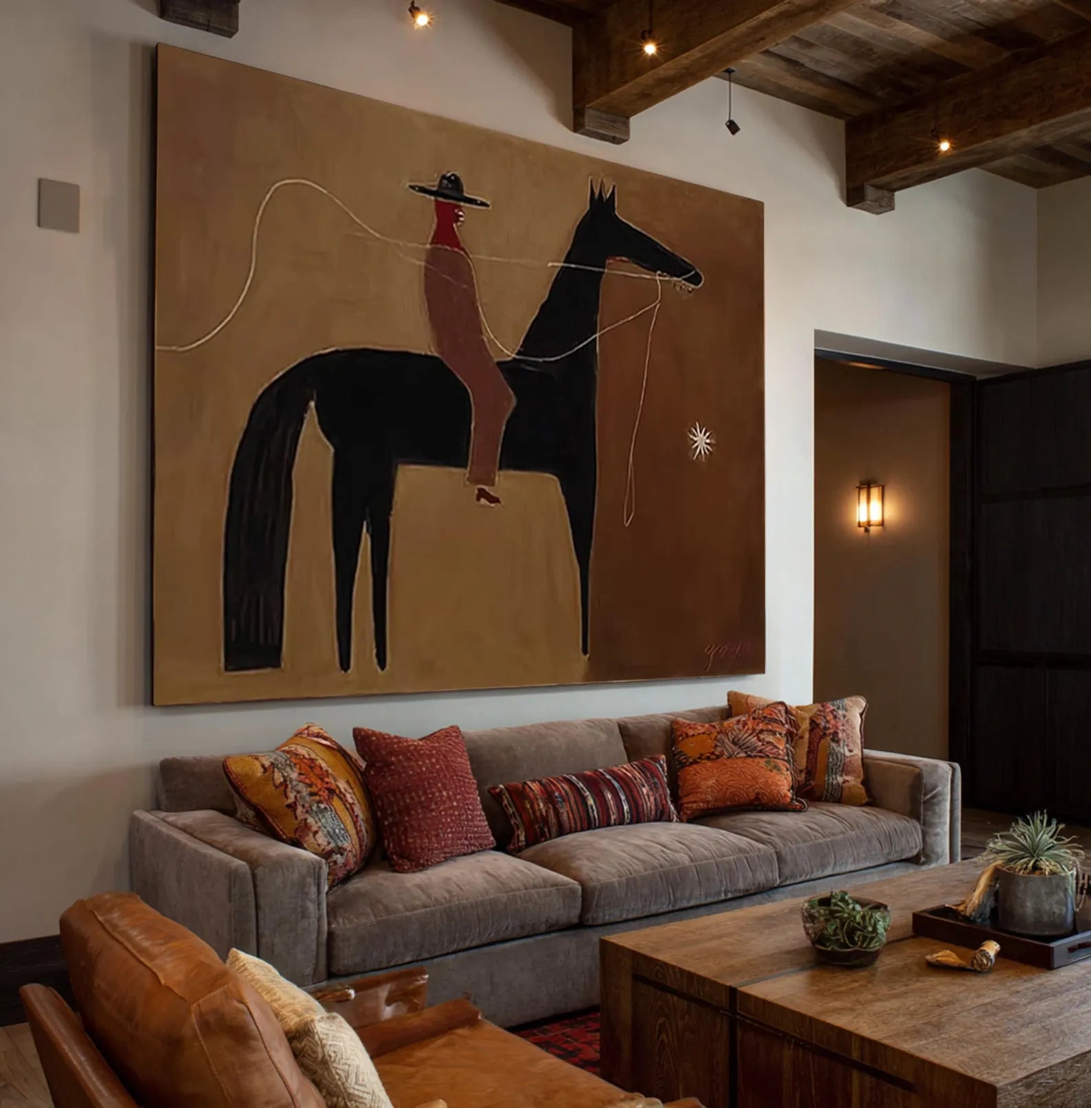 Abstract Western Rider & Black Horse Oil Painting #AB340