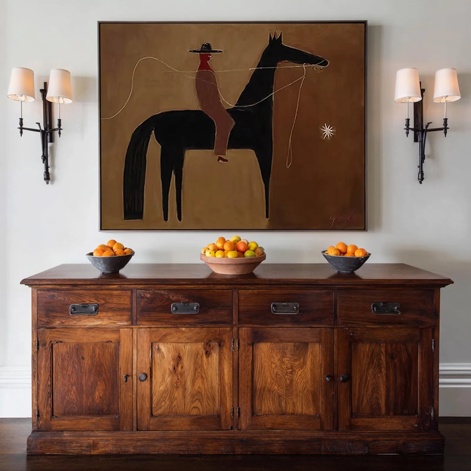 Abstract Western Rider & Black Horse Oil Painting #AB340
