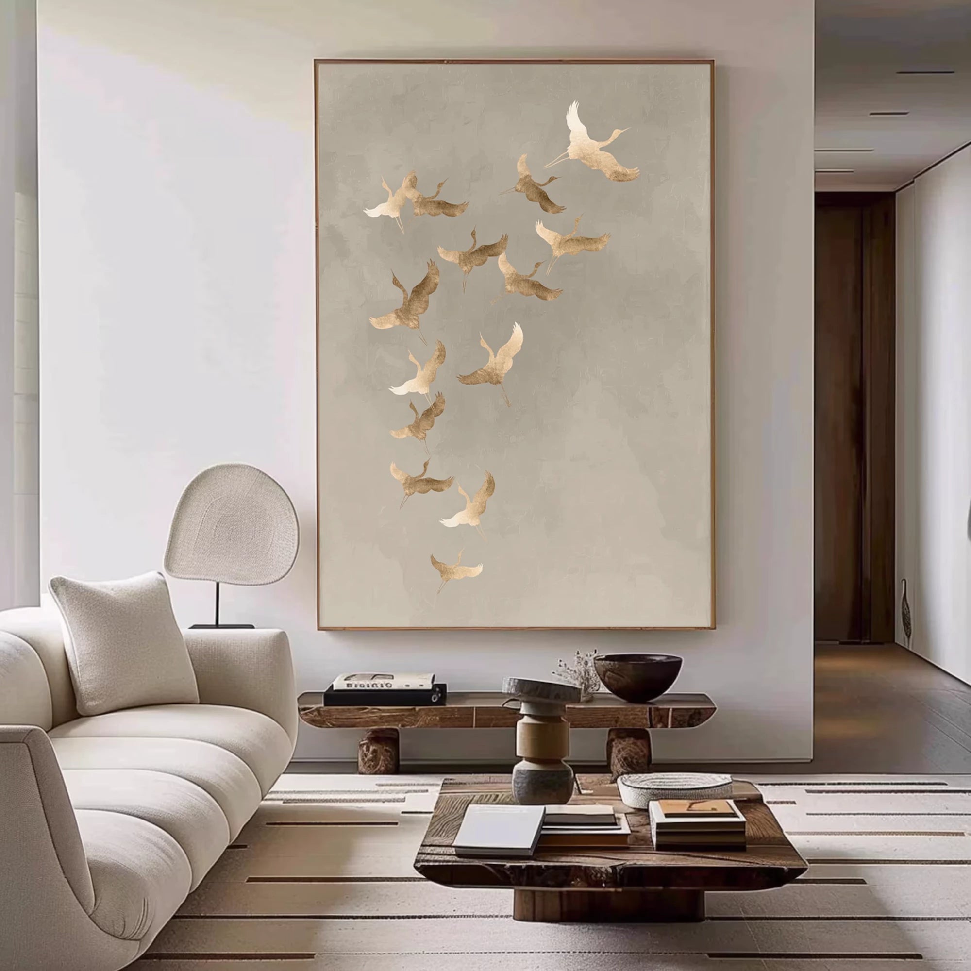 Light Luxury Muted Gray Flying Cranes Abstract Oil Painting #AM133