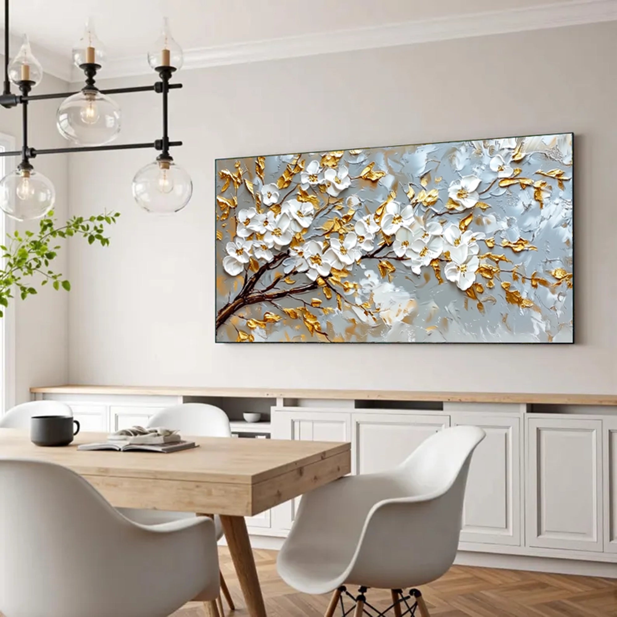 Gold Accent White Blossom Oil Painting #FT926