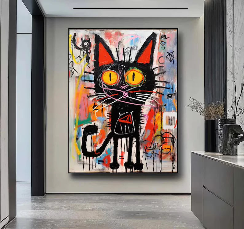 Street Graffiti Style Abstract Black Cat Oil Painting #PO381