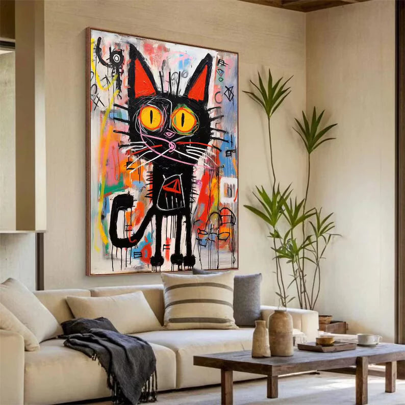 Street Graffiti Style Abstract Black Cat Oil Painting #PO381