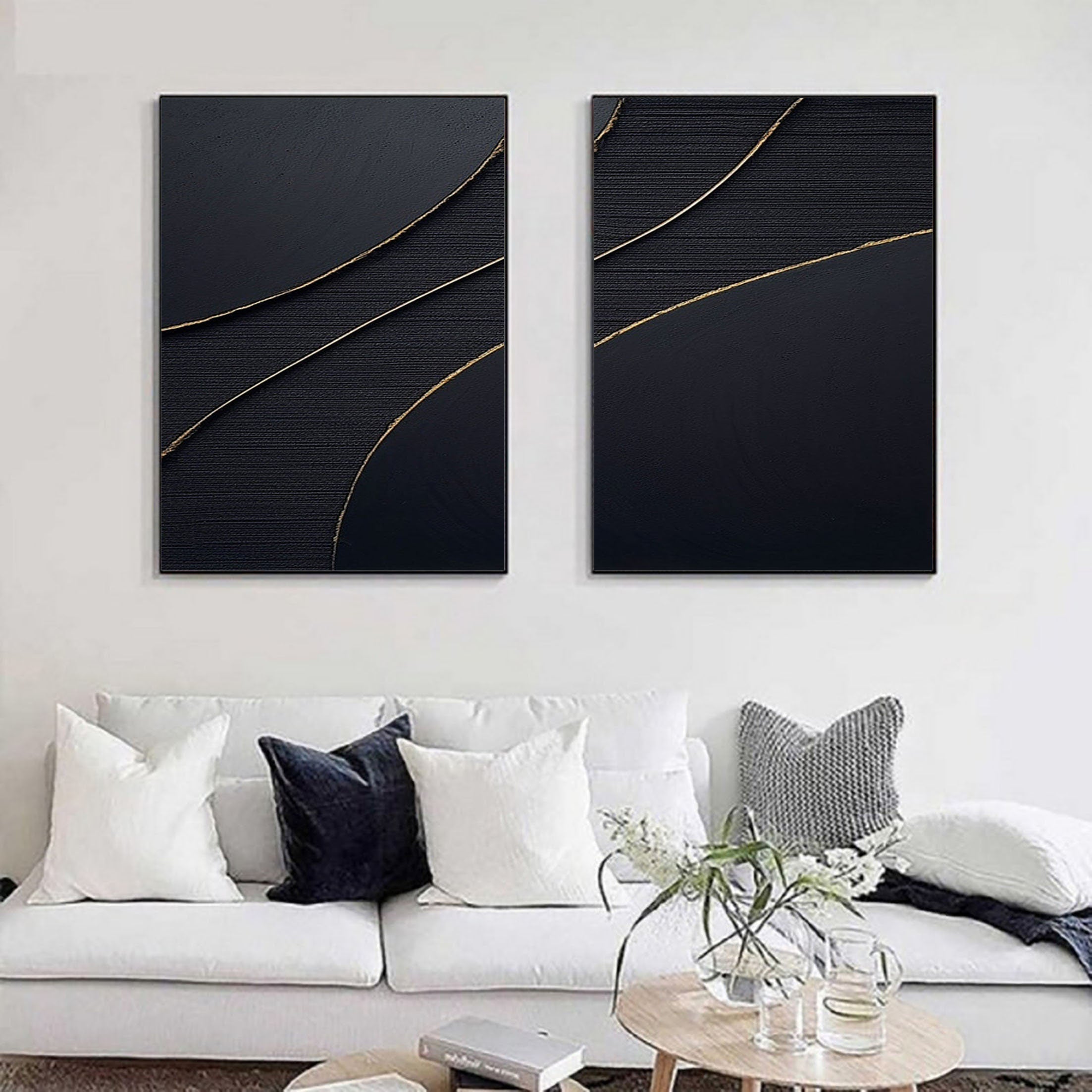 Gold Black Textured Minimalist Wall Art, Large Abstract Painting On Canvas
