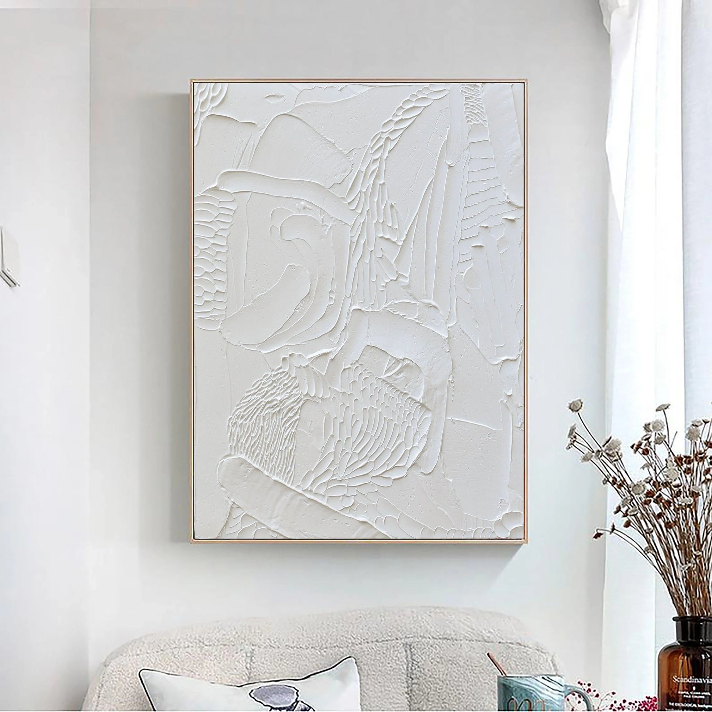 White Minimalistic Plaster 3D Textured Painting Wall Artwork Large Canvas