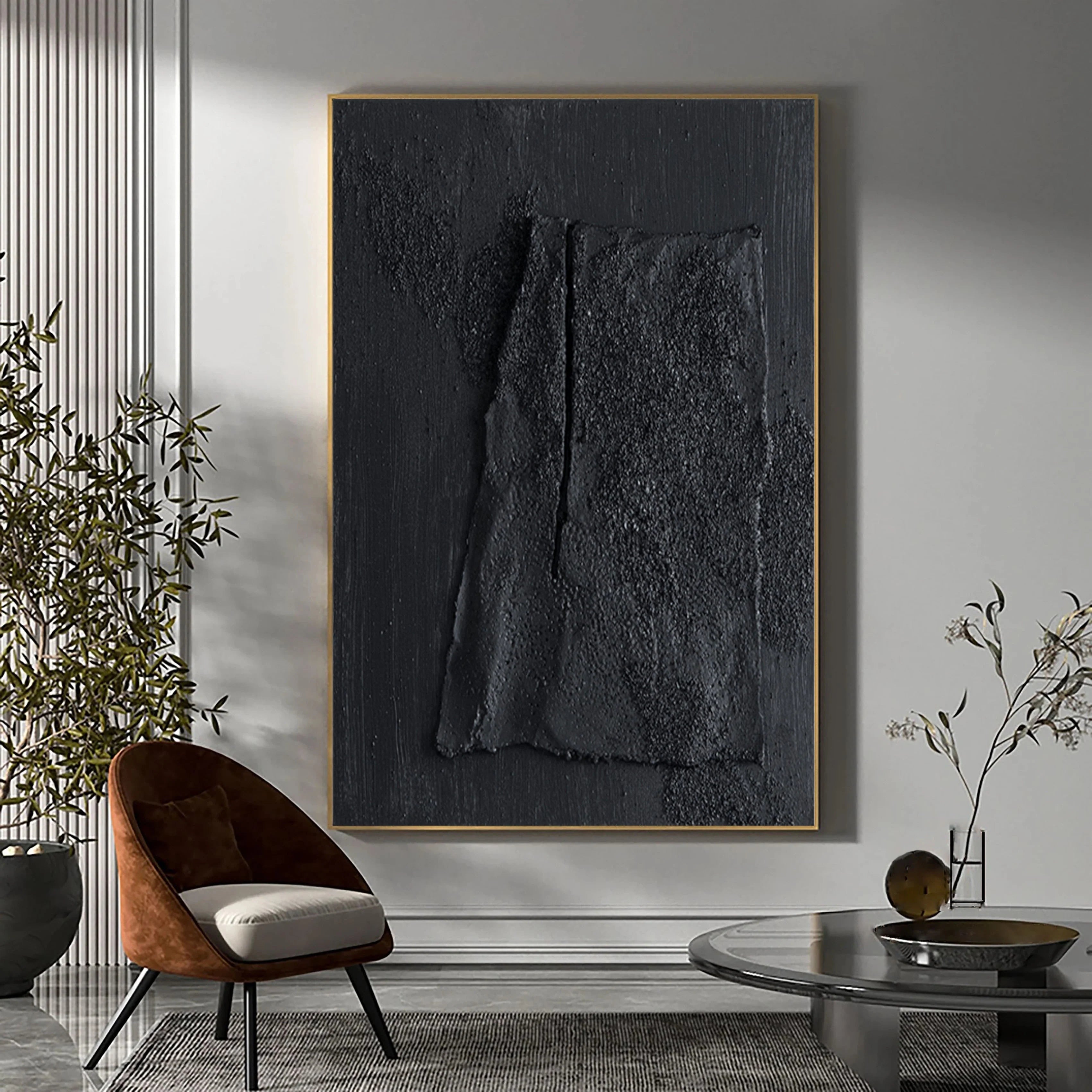 Black Textured Minimalist Painting on Canvas Handcrafted by Artist