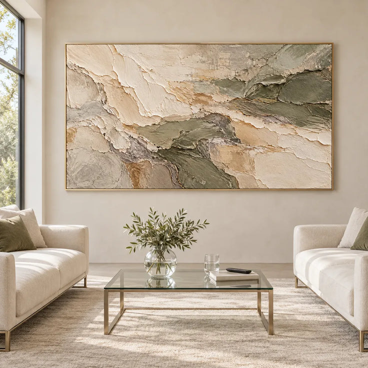 Cream and Olive Hand-Painted 3D Textured Oil Painting, Interlocking Abstract Layers #5NBBMJRS