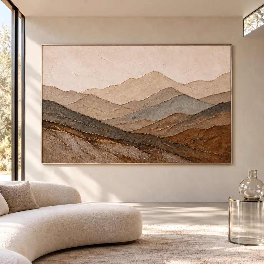 Earth Tone Hand-Painted 3D Textured Oil Painting, Mountain Layers Wall Art #I787QXE3