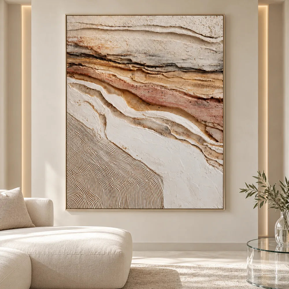Ivory Tan Hand-Painted 3D Textured Oil Painting, Eroded Layers Wall Art #9RAVTEF6