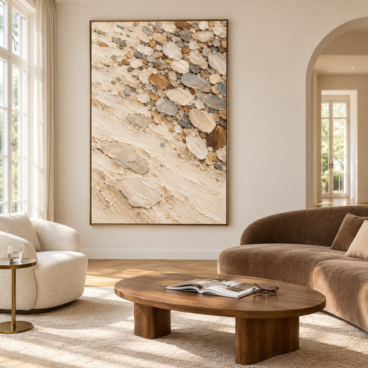 Cream Hand-Painted 3D Textured Oil Painting, Clustered Organic Ovals Abstract Wall Art #KFUV7NA0