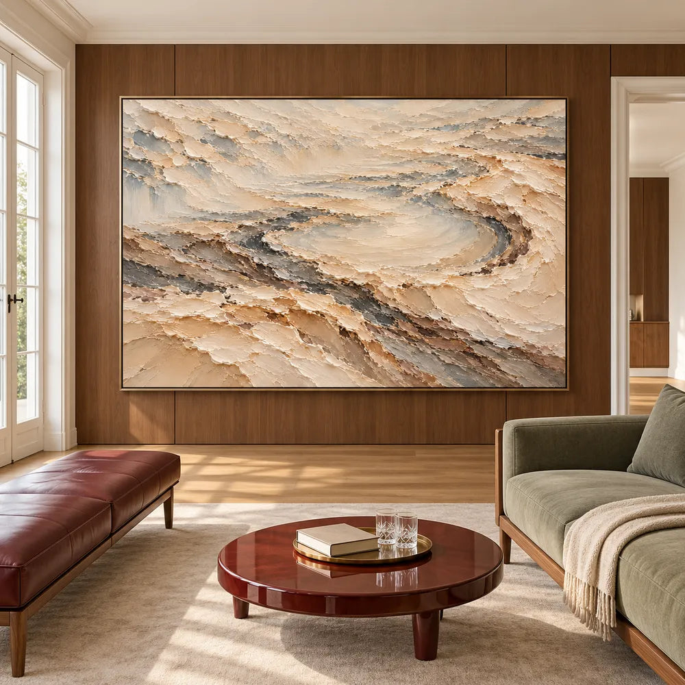 Cream and Taupe Hand-Painted 3D Textured Oil Painting, Terraced Abstract Landscape #RBCLZPS2
