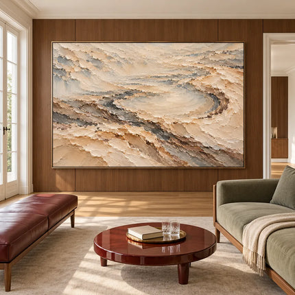 Cream and Taupe Hand-Painted 3D Textured Oil Painting, Terraced Abstract Landscape #RBCLZPS2