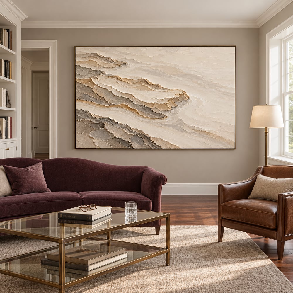 Cream and Taupe Hand-Painted 3D Textured Oil Painting, Terraced Abstract Landscape #HZKDB1K9