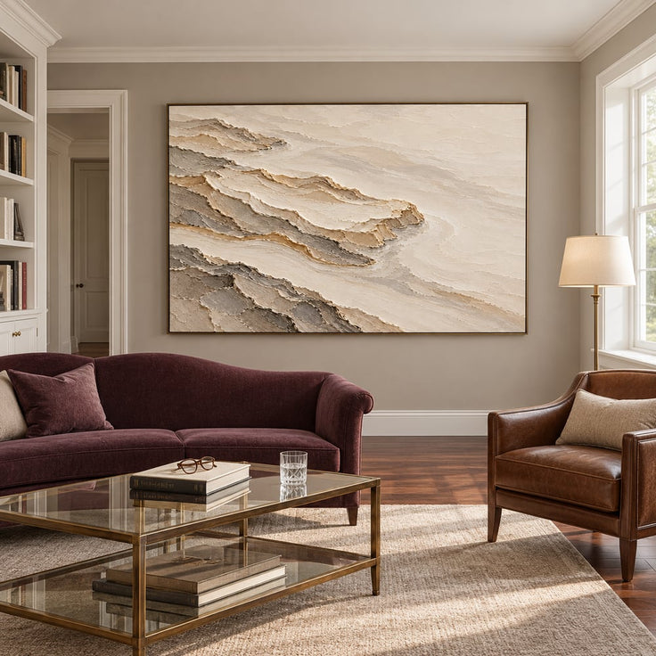 Cream and Taupe Hand-Painted 3D Textured Oil Painting, Terraced Abstract Landscape #HZKDB1K9