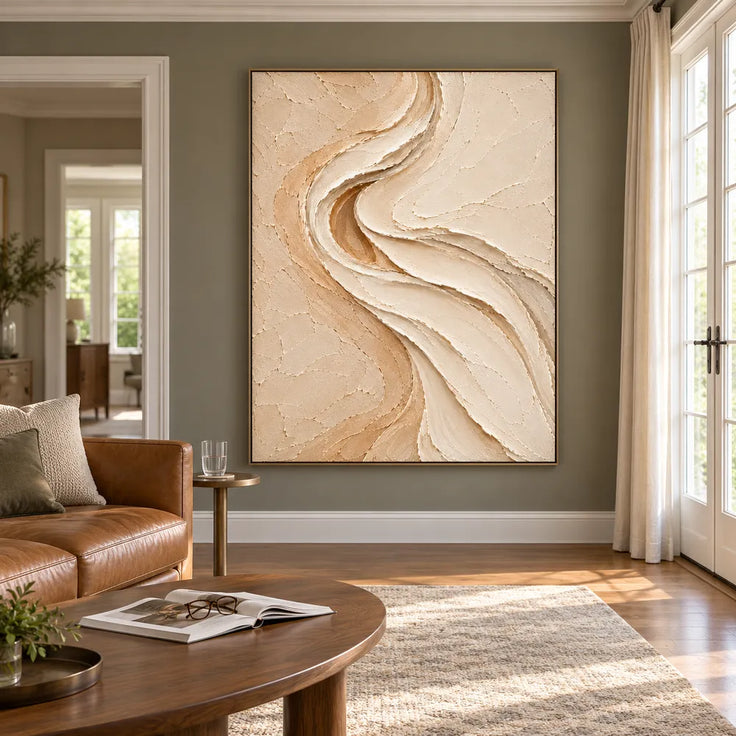 Beige & Cream Hand-Painted 3D Textured Oil Painting, Flowing S-Curve Abstract Wall Art #DD2BSLPJ