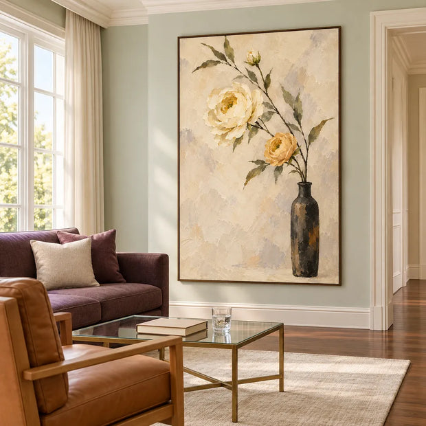 Cream and Gold Hand-Painted Oil Painting, Pale Flowers in a Dark Vase #7RZD4EO6