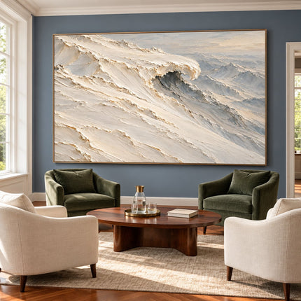 Ivory and Gray Hand-Painted 3D Textured Oil Painting, Curling Ocean Wave #1B9DGWWU