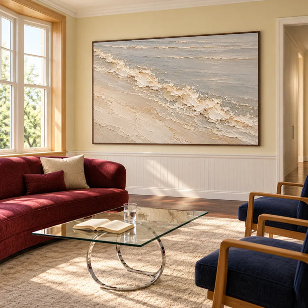 Ivory Gray Hand-Painted Oil Painting, Diagonal Shoreline Wave on a Pale Beach #A63VT0KF