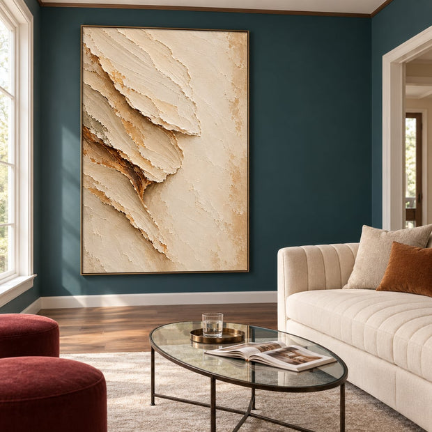 Cream Hand-Painted 3D Textured Oil Painting, Sweeping Organic Layers #0O23IRH8