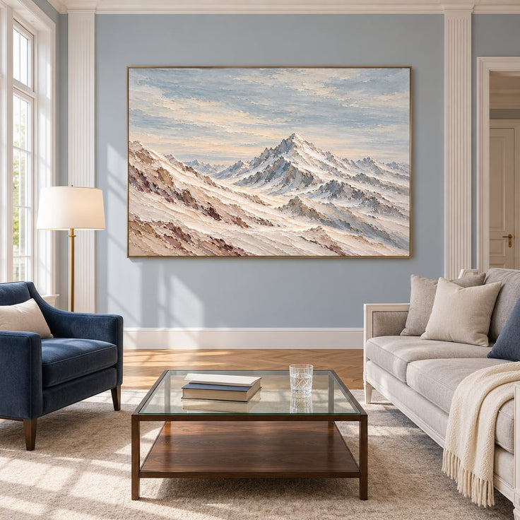 Ivory and Blue-Gray Hand-Painted 3D Textured Oil Painting, Snowy Mountain Peaks #WX7ZWCKG