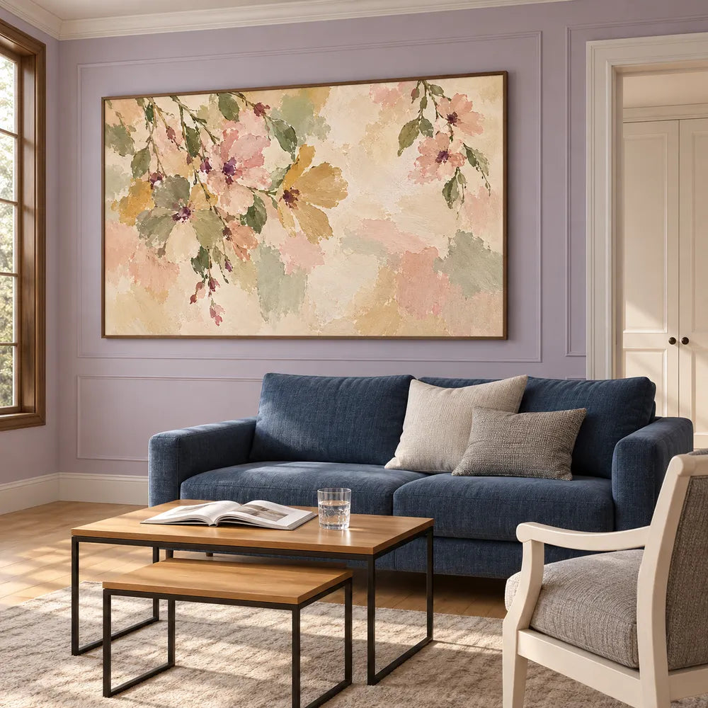 Cream and Blush Hand-Painted Oil Painting, Cascading Flowers and Leaves #VXD35PIW