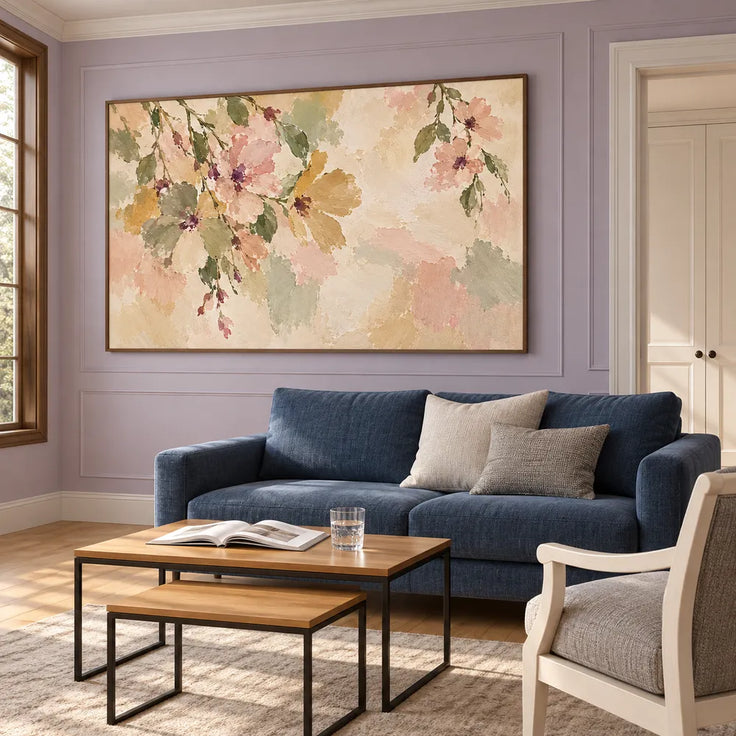 Cream and Blush Hand-Painted Oil Painting, Cascading Flowers and Leaves #VXD35PIW