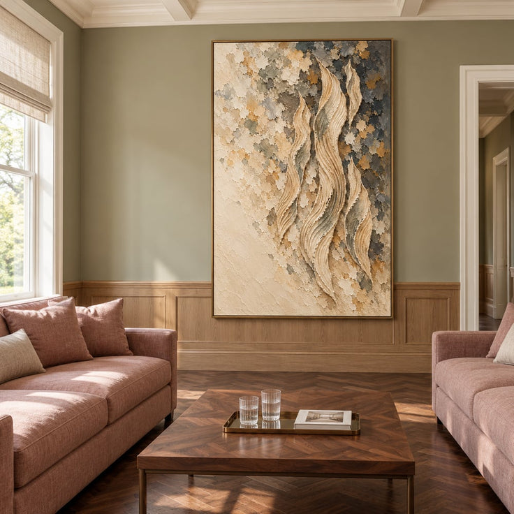 Cream and Gray Hand-Painted 3D Textured Oil Painting, Rising Organic Ribbons #8A15UUOD