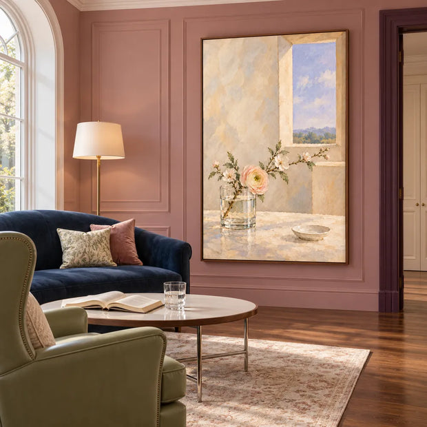Cream Blush Hand-Painted Oil Painting | Flowers Beside a Window #7YRL9Y9H