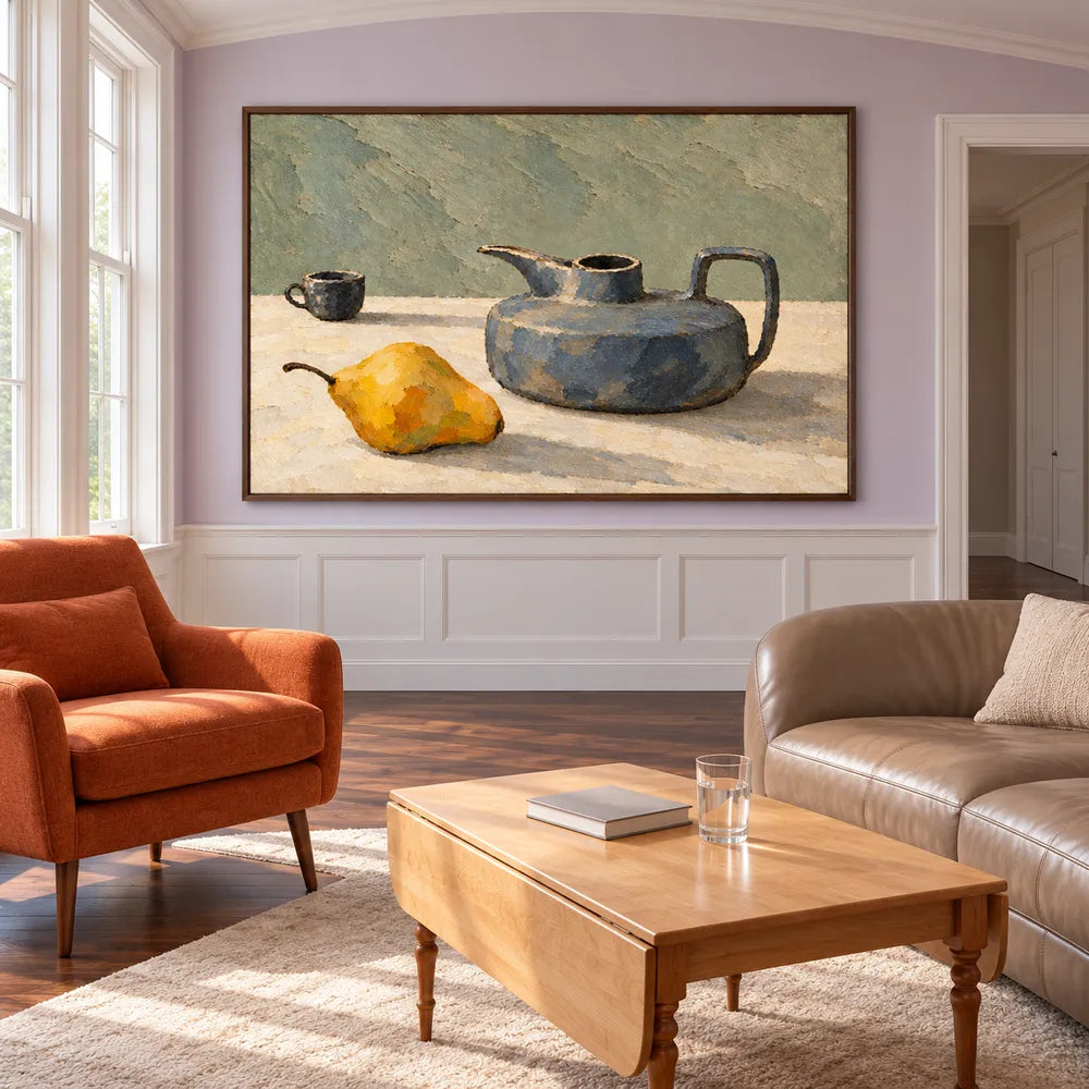 Sage Blue Hand-Painted Oil Painting, Low Jug, Golden Pear and Small Cup Still Life #O7T5XMCM