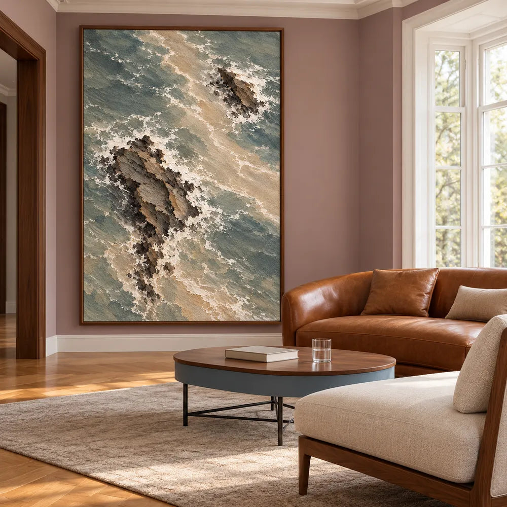 Gray Green Hand-Painted Oil Painting, Overhead View of Rocks and Surf #W3LVFOJR
