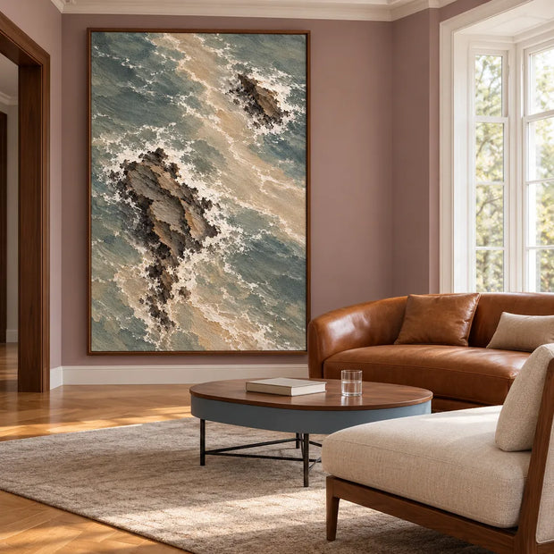 Gray Green Hand-Painted Oil Painting, Overhead View of Rocks and Surf #W3LVFOJR