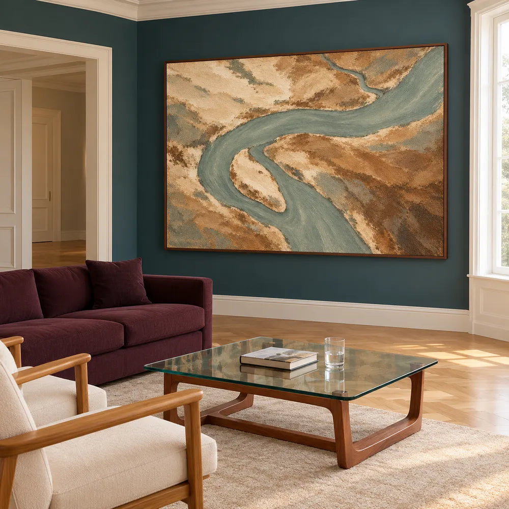 Sand and Sage Hand-Painted Oil Painting, Winding River Viewed from Above #W2T3V88Z