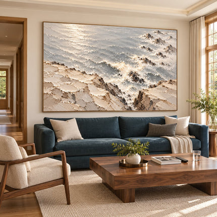 Ivory Gray Hand-Painted 3D Textured Oil Painting, Rocky Seascape Wall Art #3B8T60SA